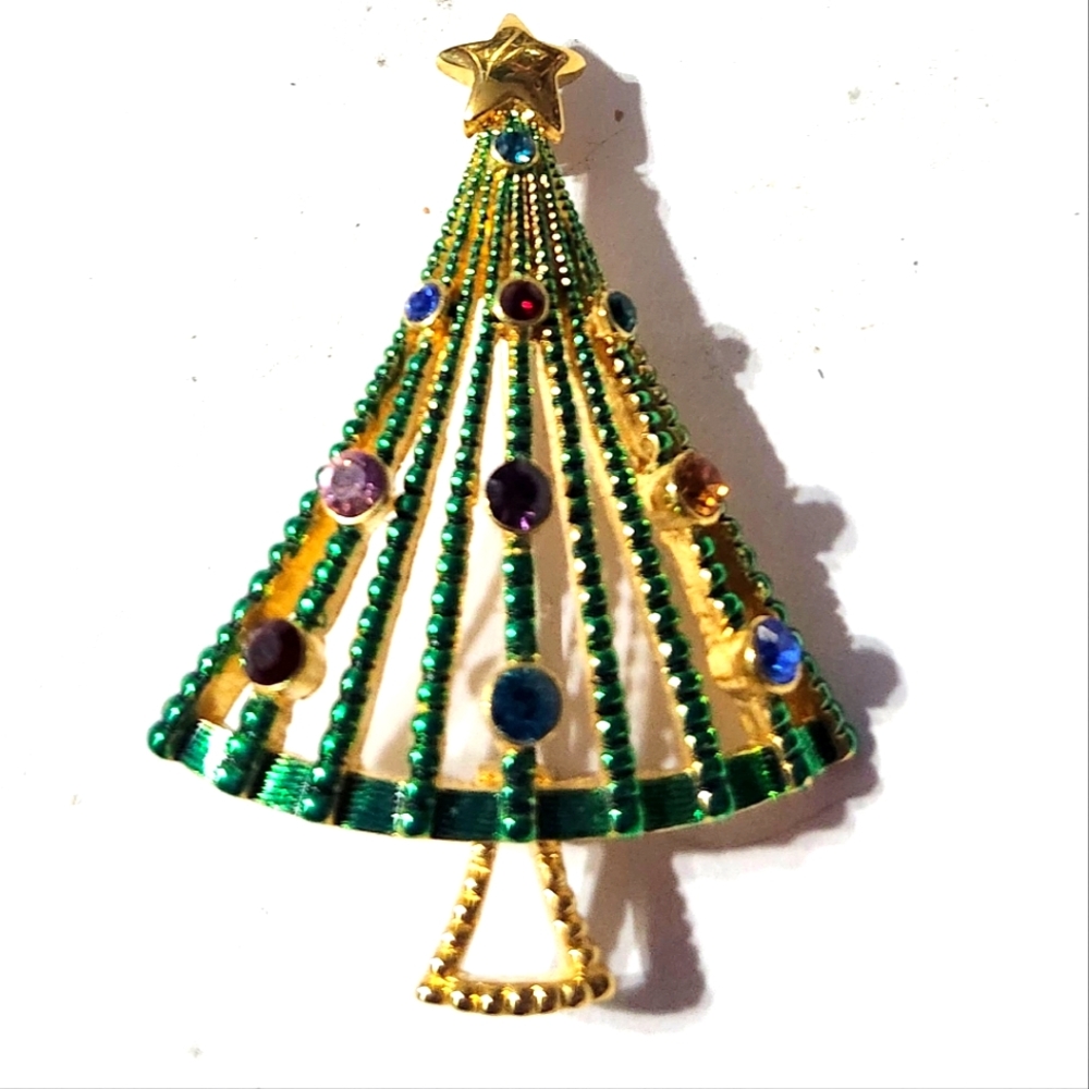 Vtg 1960s Open Enamel Rhinestone Christmas Tree Pin Brooch